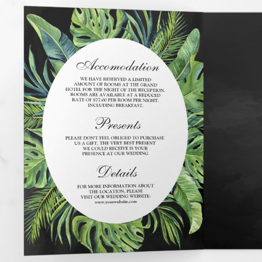 Tropische monstera Palm Leaves Black Wedding Drieluik Uitnodiging (Binnenzijde eerst)