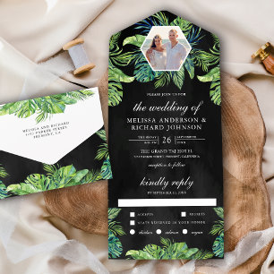 Tropische monstera Palm Leaves Foto Black Wedding All In One Uitnodiging