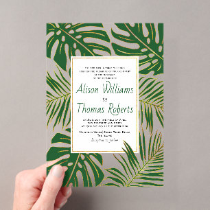 Tropische monstera, palmbladeren groene gouden bru acryl uitnodigingen