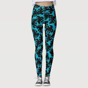 Tropische monstera patroon in zwart en aqua blauw leggings