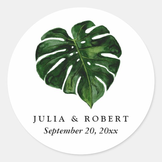 Tropische monstera Waterverf Botanische bruiloft Ronde Sticker (Voorkant)