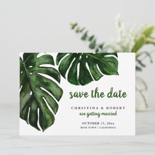 Tropische Monstera Waterverf Groen sparen de Datum Kaart (Staand voorkant)