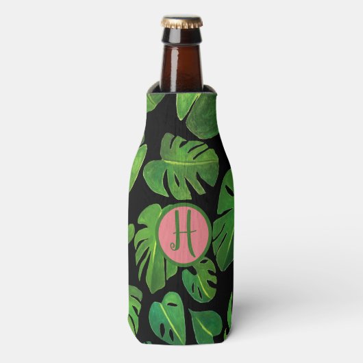 Tropische Monstera Waterverf Groene DOUANE-Initial Flesjeskoeler (Fles Voorkant)