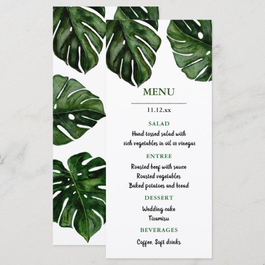 Tropische Monstera-Waterverf verlaat | Menu Wedden (Voorkant / Achterkant)