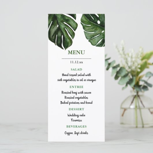 Tropische Monstera-Waterverf verlaat | Menu Wedden (Staand voorkant)
