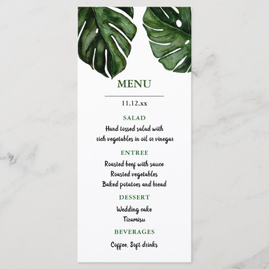 Tropische Monstera-Waterverf verlaat | Menu Wedden (Voorkant)