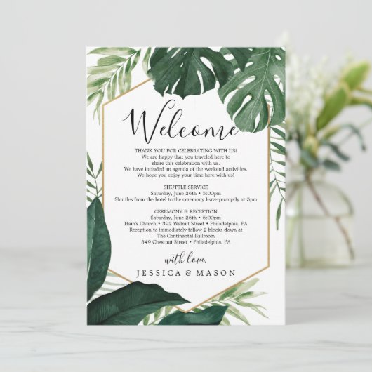 Tropische monstera Weddenschap Welkomstbrief reisr Programmakaart (Staand voorkant)