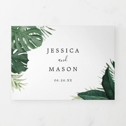Tropische Monstera Wedding Tri-Fold Uitnodigingen (Cover)