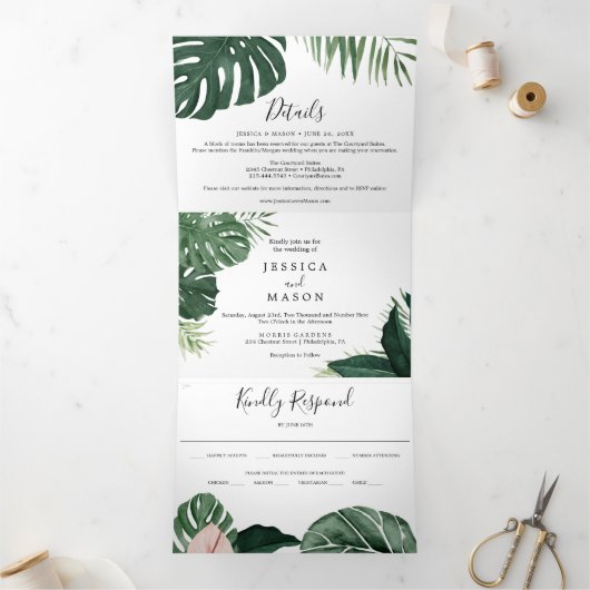 Tropische Monstera Wedding Tri-Fold Uitnodigingen (Binnen)