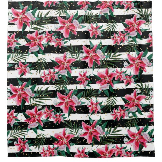 Tropische Mousserende Bloemen Zwarte en Witte Stre Douchegordijn (Voorkant)