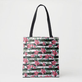 Tropische Mousserende Bloemen Zwarte en Witte Stre Tote Bag