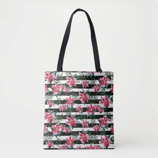 Tropische Mousserende Bloemen Zwarte en Witte Stre Tote Bag (Voorkant)