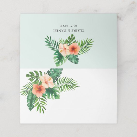 Tropische Munt Green Floral Wedding Place Card Plaatskaartje (Buitenkant ongevouwen)
