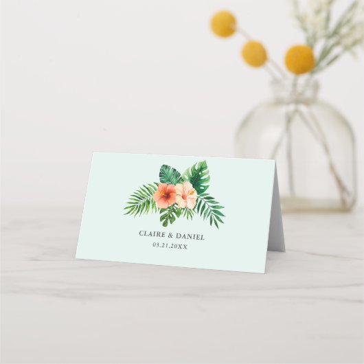 Tropische Munt Green Floral Wedding Place Card Plaatskaartje (Achterkant)