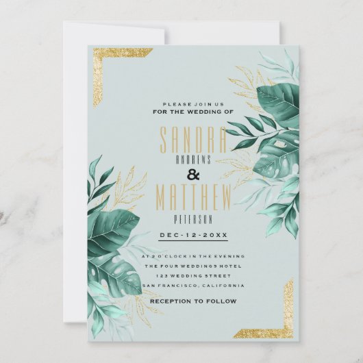 Tropische munt groen goud glitter gebladerte bruil kaart (Voorkant)