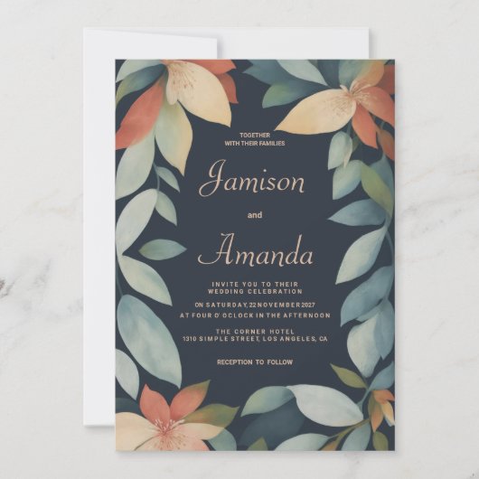 Tropische munt sinaasappel marineblauw bloemenbrui kaart (Voorkant)