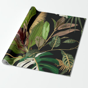 Tropische nacht  palm, banaan, plant, goud cadeaupapier