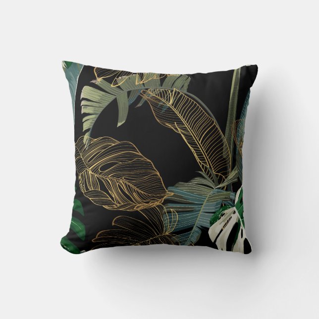 Tropische nacht  palm, banaan, plant, goud kussen (Voorkant)