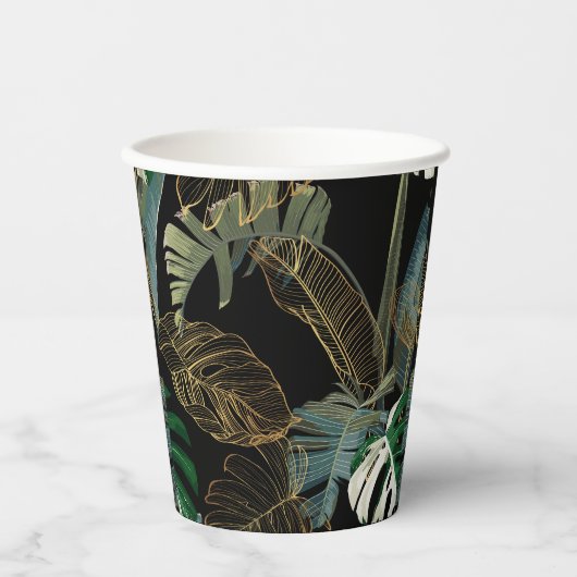 Tropische nacht  palm, banaan, plant, goud papieren bekers (Voorkant)