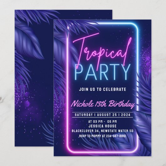 Tropische Nacht Verjaardag Uitnodiging Feest (Voorkant / Achterkant)