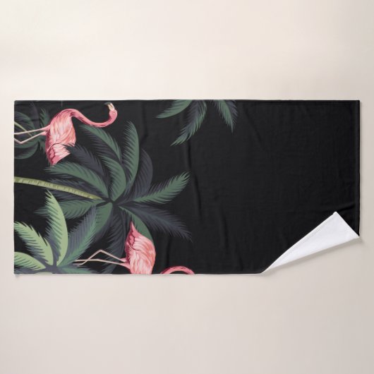 Tropische nacht wilde vogels flamingo, palm t badhanddoek (Badhanddoek)