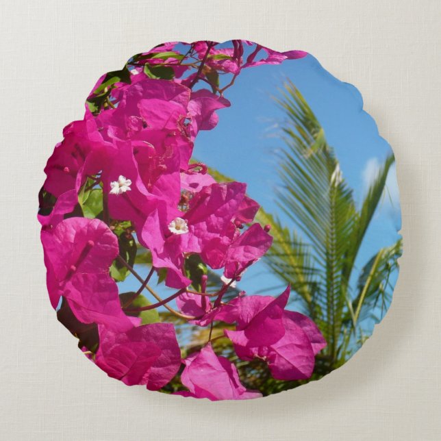 Tropische Natuur van Bougainvillea en Palm Rond Kussen (Voorkant)