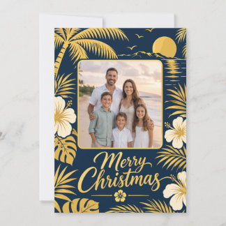 Tropische Navy Goud Prettig Kerstmis Familie Foto Feestdagenkaart