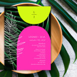 Tropische Neon Arches Palm Leaf Monogram Bruiloft Menu<br><div class="desc">Neon roze en gele bogen over donkere palmbladachtergrond. Verticaal monogram bovenaan boven op gele boog. Witte tekst over roze boog met links een wit lijnkunstblad.</div>