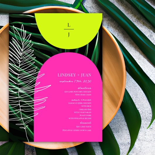Tropische Neon Arches Palm Leaf Monogram Bruiloft Menu