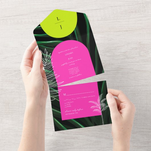 Tropische Neon Arches Palm Tree Monogram Bruiloft All In One Uitnodiging (Afscheurbaar)