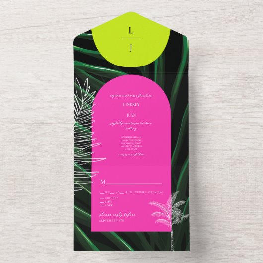 Tropische Neon Arches Palm Tree Monogram Bruiloft All In One Uitnodiging (Binnen)