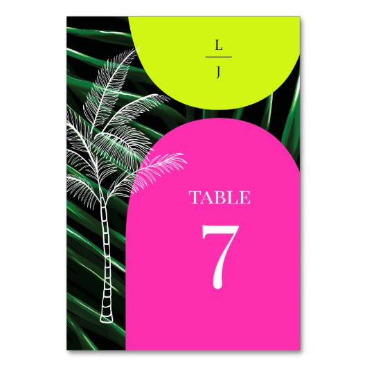 Tropische Neon Arches Palm Tree Monogram Bruiloft Kaart (Achterkant)