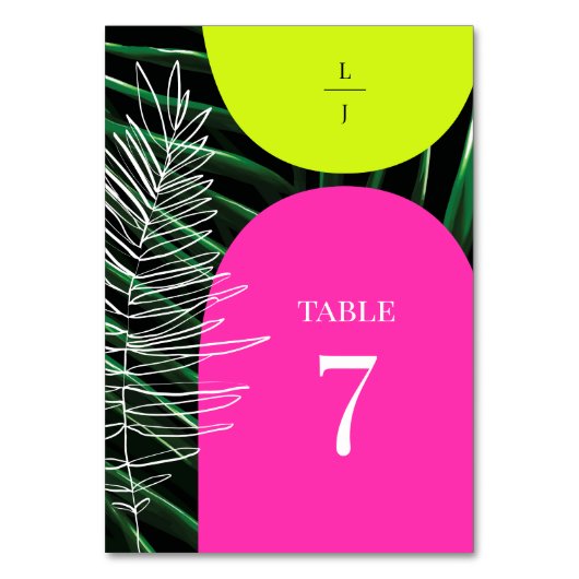 Tropische Neon Arches Palm Tree Monogram Bruiloft Kaart (Voorkant)