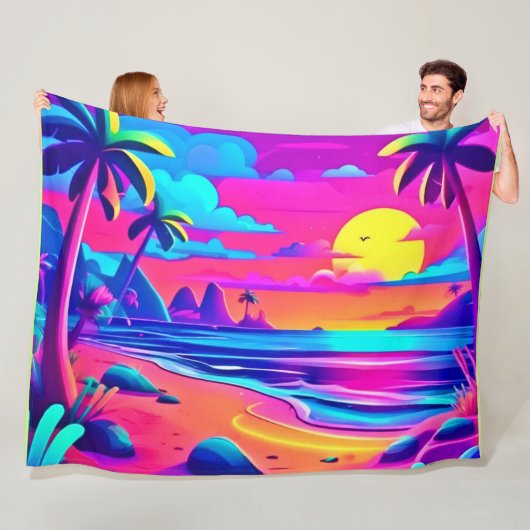 Tropische Neon Beach Sunset Art Fleece Deken (In situ)