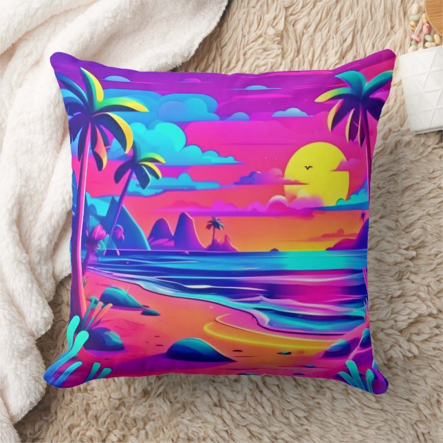 Tropische Neon Beach Sunset Art Kussen (Deken)