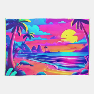 Tropische Neon Beach Sunset Art Theedoek