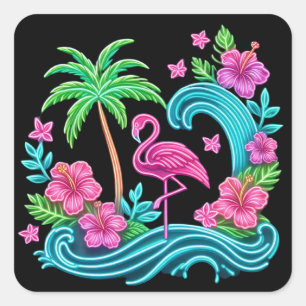 Tropische Neon Flamingo Vierkante Sticker