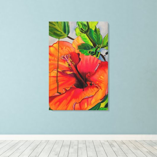 Tropische neon Hibiscus flower Canvas Afdruk (Insitu (Houten vloer))