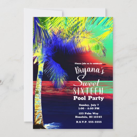 Tropische Neon Kleur Strand Palm Sweet 16 Kaart (Voorkant)