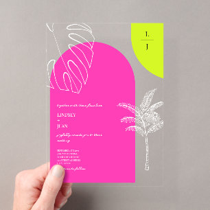 Tropische neon monogram boog bruiloft acryl uitnodigingen