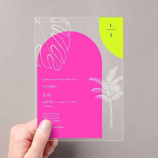 Tropische Neon Monogram Boogjes Huwelijk Acryl Uitnodigingen (Insitu (Draagbaar))