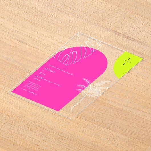 Tropische Neon Monogram Boogjes Huwelijk Acryl Uitnodigingen (Laagn)