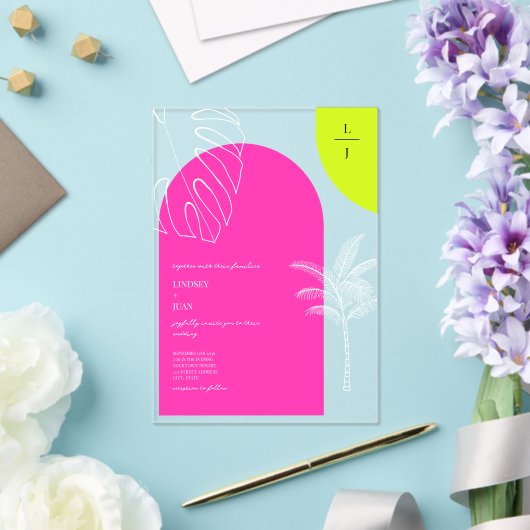 Tropische Neon Monogram Boogjes Huwelijk Acryl Uitnodigingen (Insitu (Huwelijk))