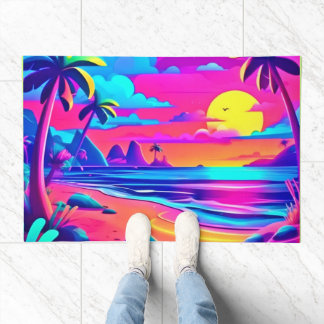 Tropische Neon Strand Zonsondergang Kunst Deurmat