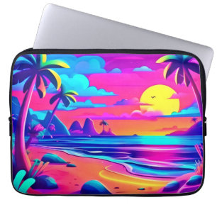 Tropische Neon Strand Zonsondergang Kunst Laptop Sleeve