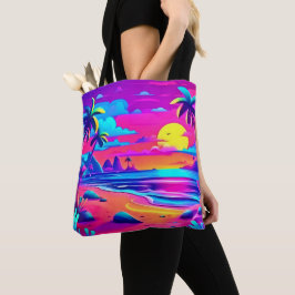 Tropische Neon Strand Zonsondergang Kunst Tote Bag