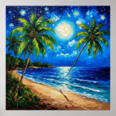 Tropische Night Beach Scene met Palmbomen Poster (Voorkant)