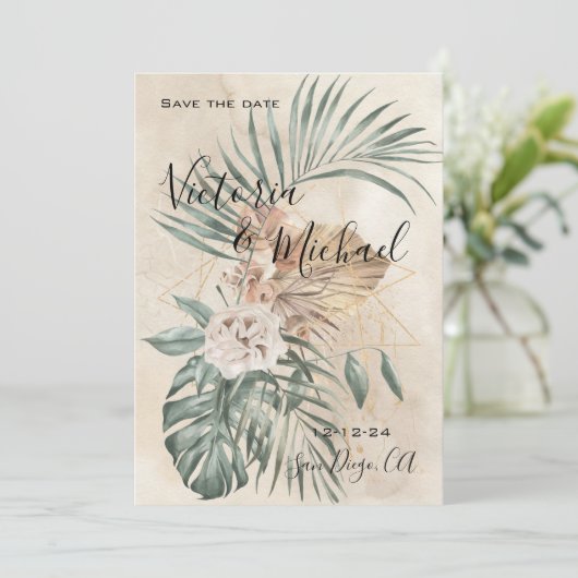 Tropische Oase Moderne Palm Save the Date Bruiloft Kaart (Staand voorkant)