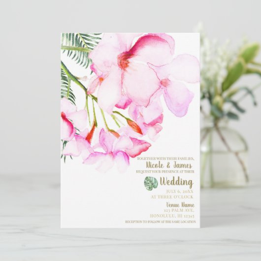 Tropische Oase Roze Groen Hawaïaans Bloemen Bruilo Kaart (Staand voorkant)