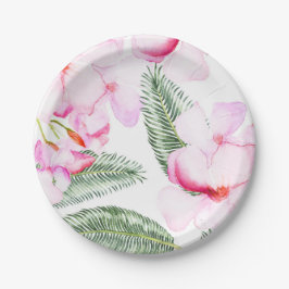 Tropische Oase Roze Groen Hawaiaans Bruidsfeestje Papieren Bordje